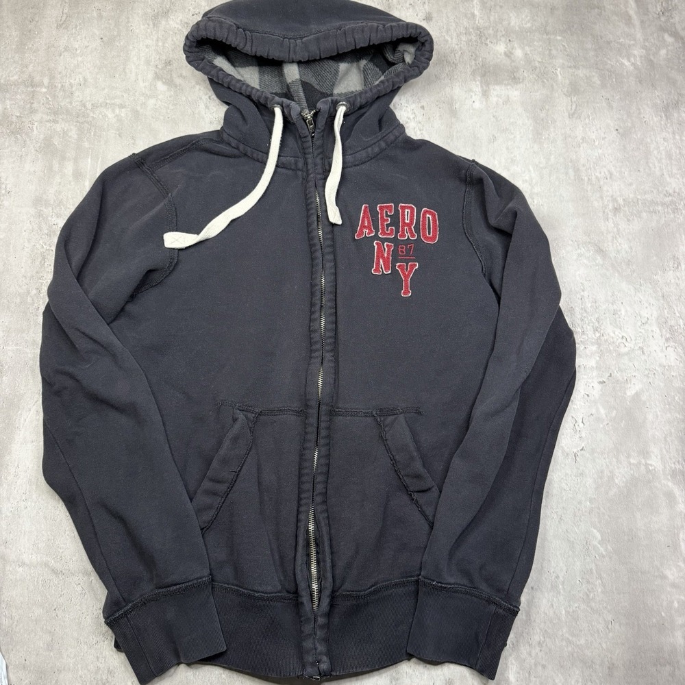 Aeropostale Y2K Mens Full Zip Hoodie Sweatshirt Sz Small Black Stitched Patches